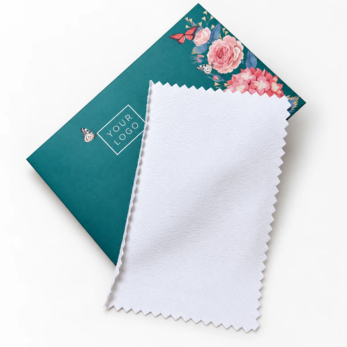 Teal floral custom printed packaging with a white rectangular silver polishing cloth