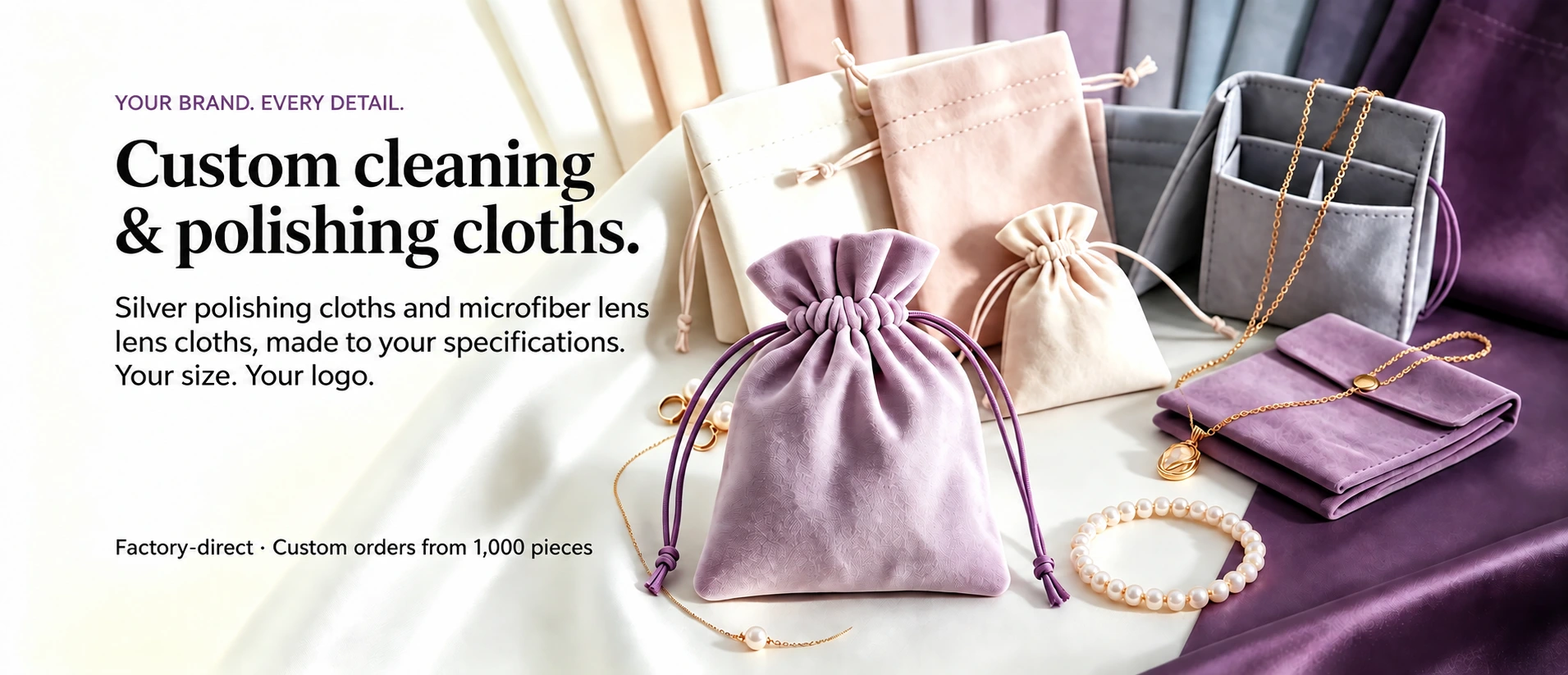 Custom jewelry pouches and packaging in cream, pink, purple and gray