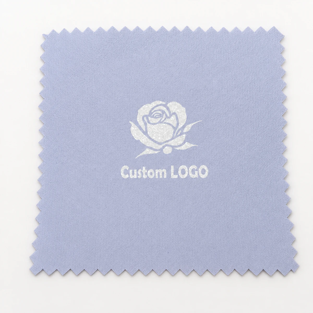 Lavender silver polishing cloth with a metallic silver rose and Custom LOGO print on a clean studio background