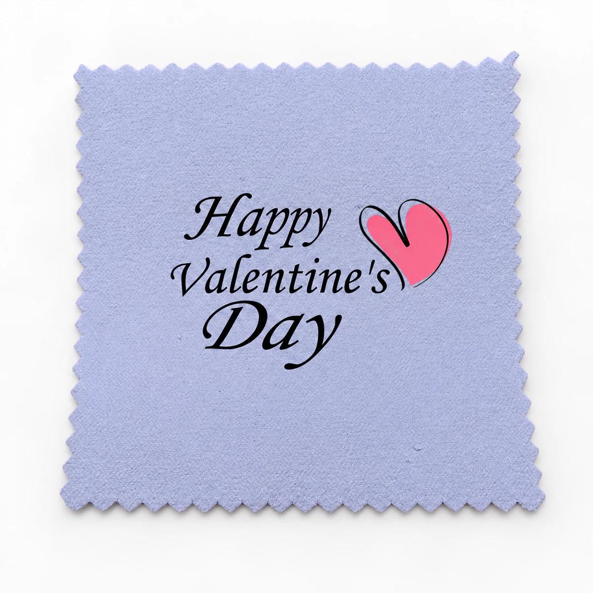 Lavender silver polishing cloth with a black Happy Valentine's Day print and pink heart