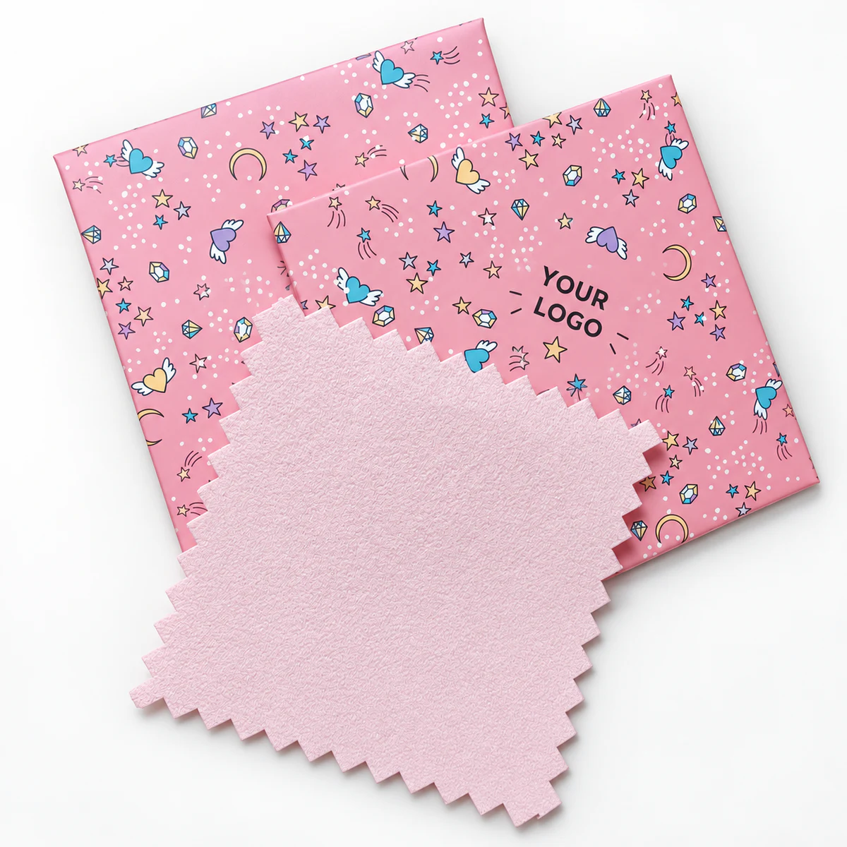 Pink custom printed paper sleeves with a pale pink zigzag-edge silver polishing cloth