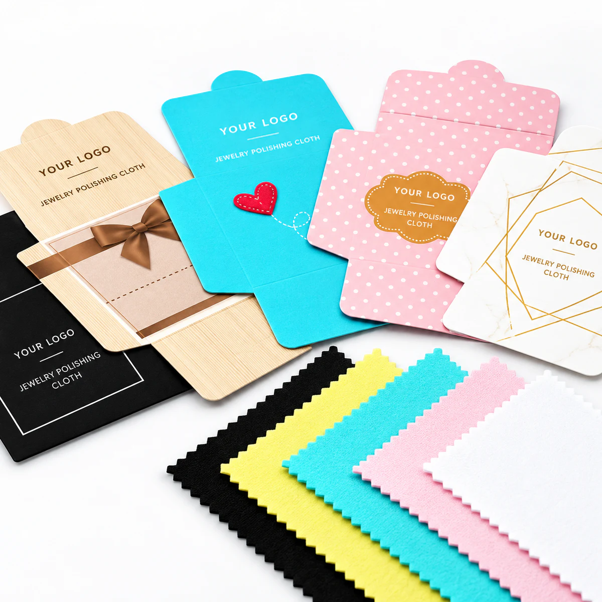 Assorted custom printed paper packaging with black, yellow, blue, pink and white silver polishing cloths