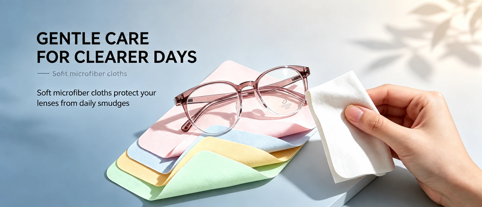 Pastel microfiber lens cleaning cloths with eyeglasses and a hand holding a white cloth